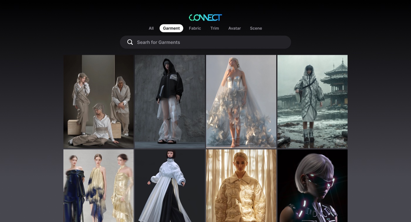 CONNECT marketplace — browse garments, fabrics, avatars and scenes