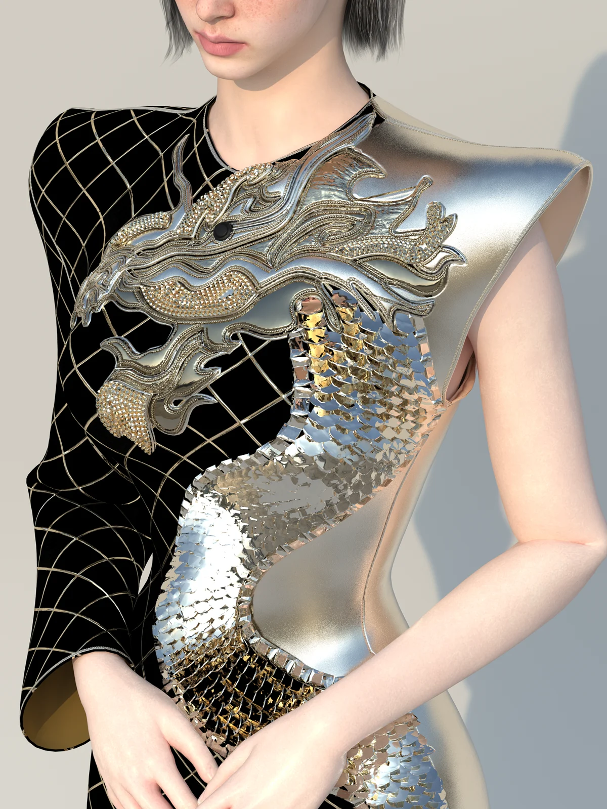 silver dragon dress Silver Dragon Print Qipao Dress + White Embroidery Detail Apron + White Elastic Waist Skort