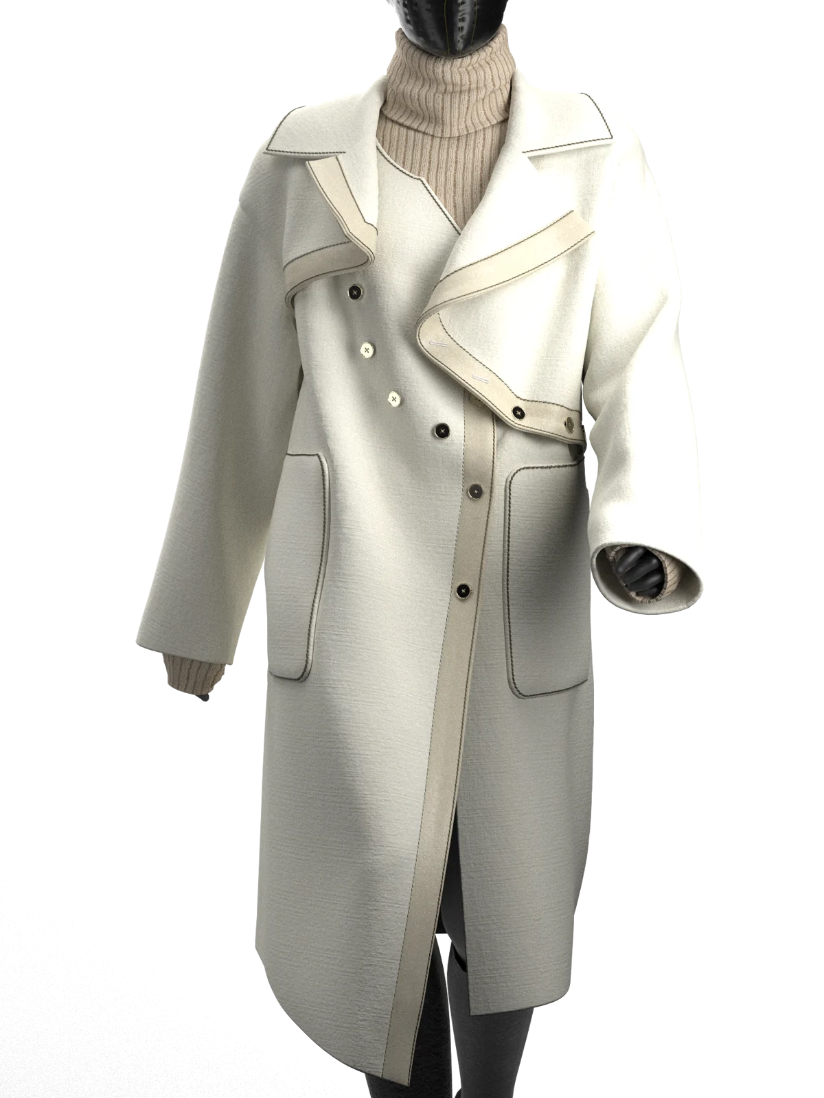 Cashmere asymmetrical leather decorative edge coat | 3D Model - CONNECT