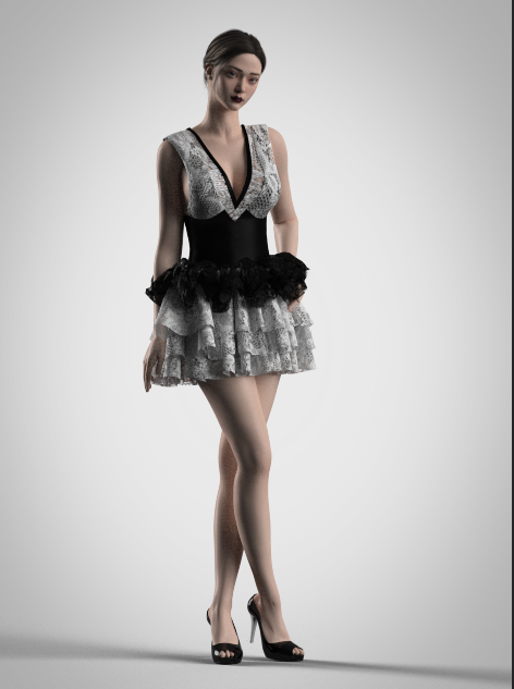 Monochrome Lace & Tiered Ruffle Mini Dress | 3D Model - CONNECT